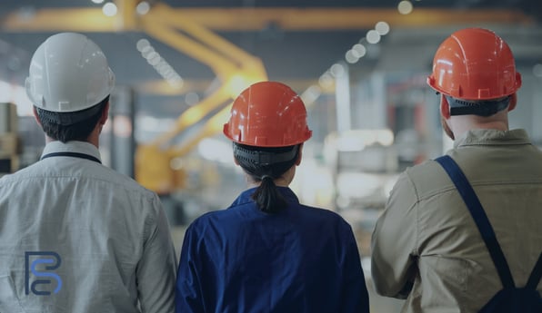 three people wearing hard hats at a manufacturing plant