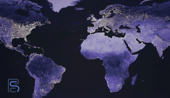 blue world map with lights in key cities