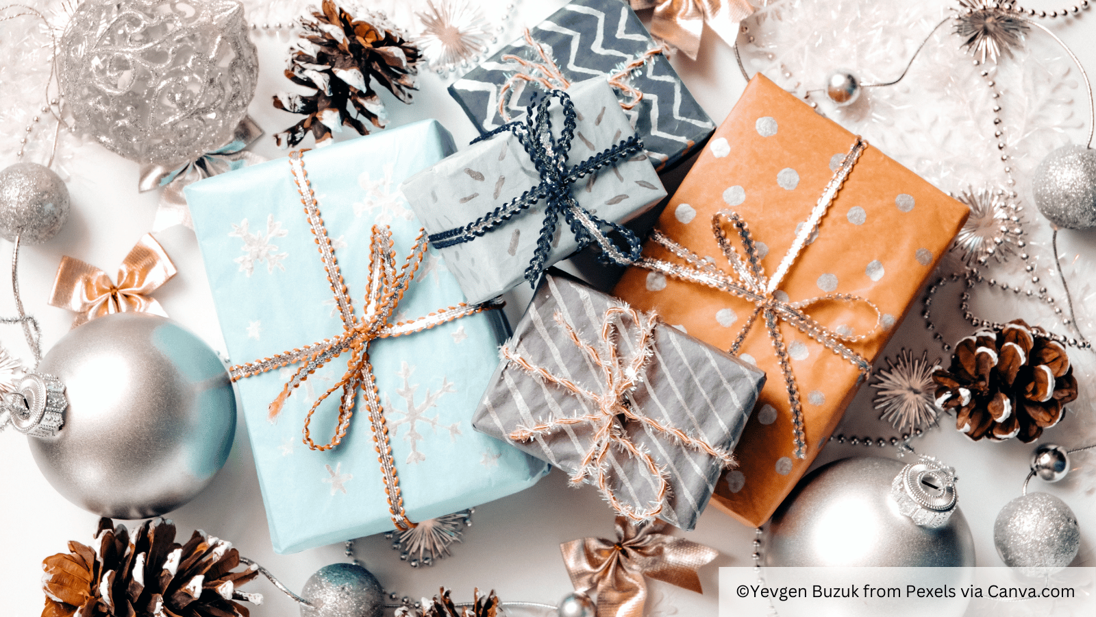 Christmas gifts, decorations and pinecones
