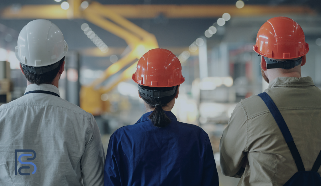 three people wearing hard hats at a manufacturing plant