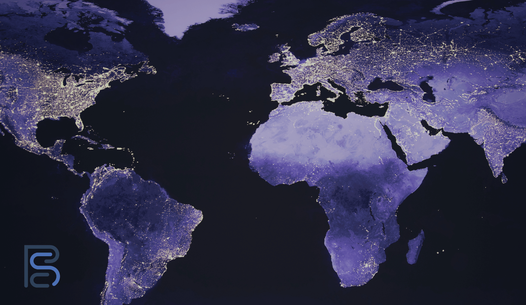 blue world map with lights in key cities